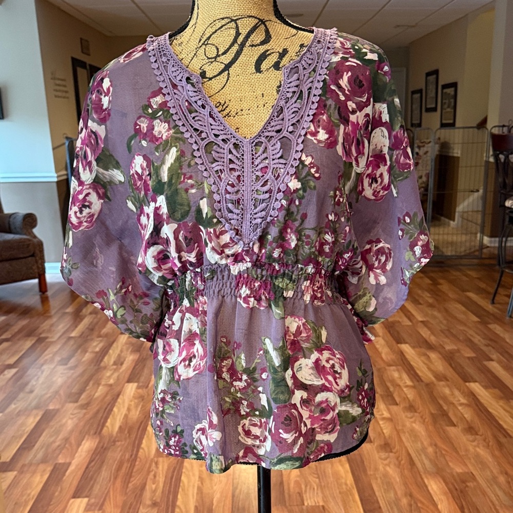 Candies size XS sheer purple floral print blouse with accented neckline